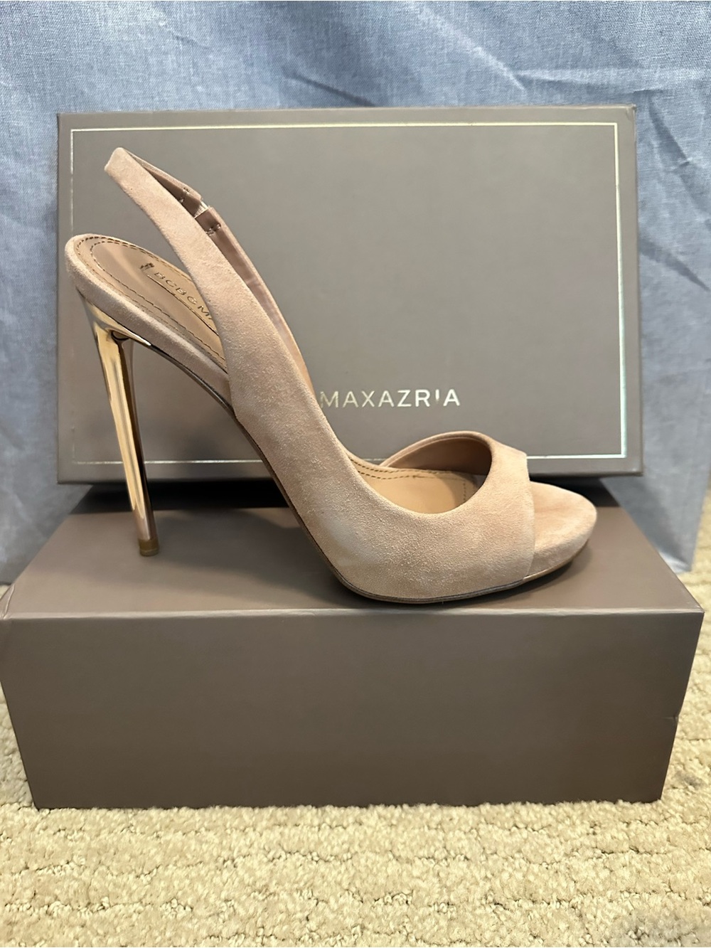 BCBG Nude Suede Peep-Toe Slingback Heels with Gold Stiletto